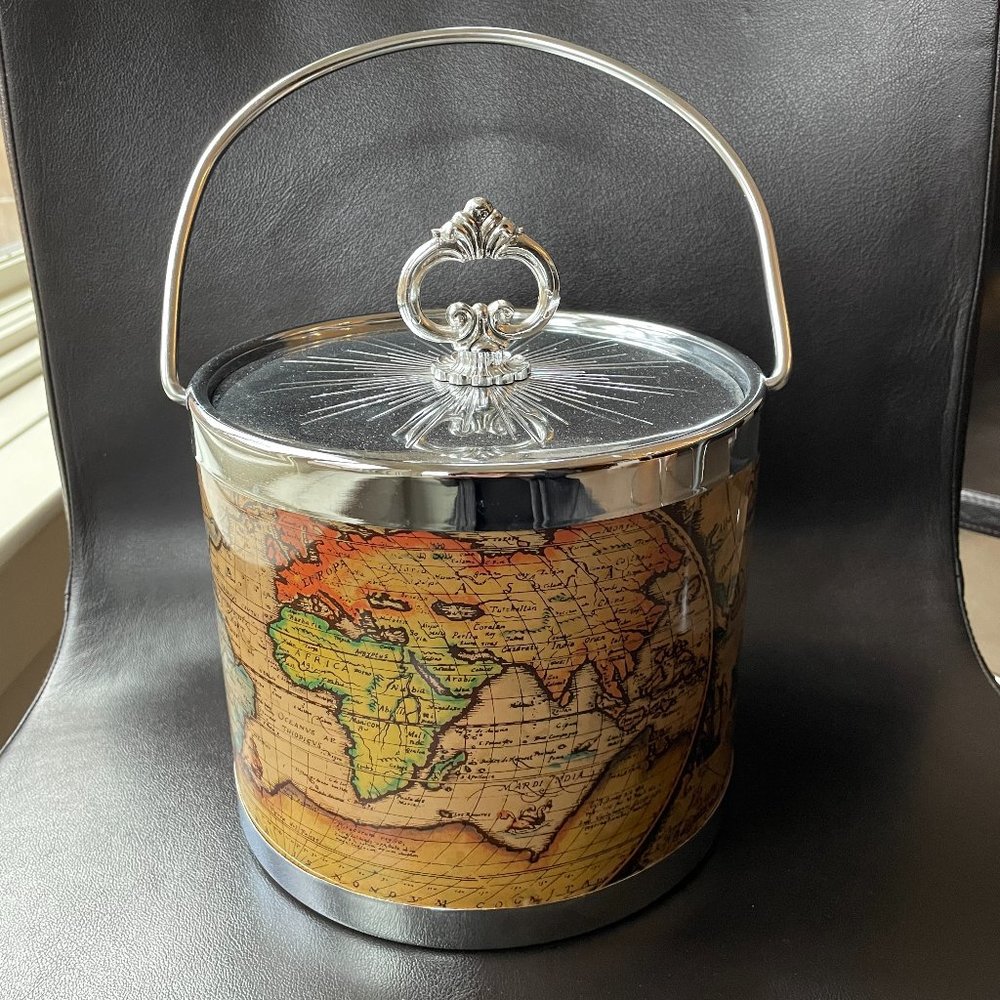Vintage 1970s World Map/Atlas Ice Bucket w/ Ortelius Map from 1570